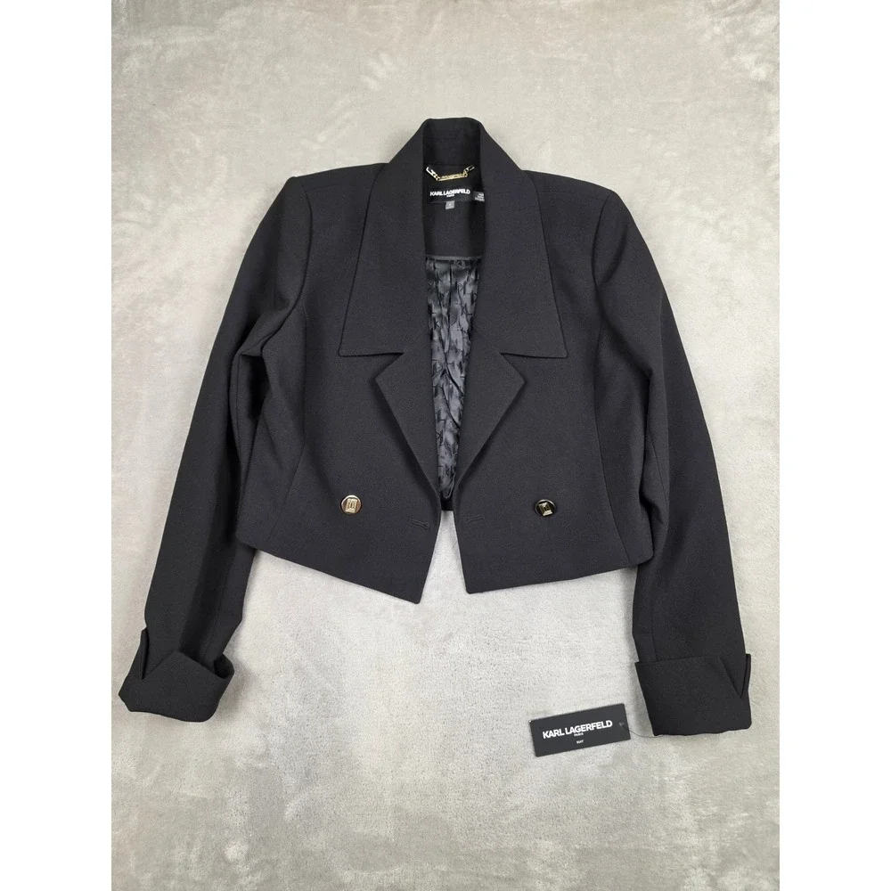 Karl Lagerfeld Paris Cropped Blazer Women 4 Black Gold Button Poly Blend Stretch